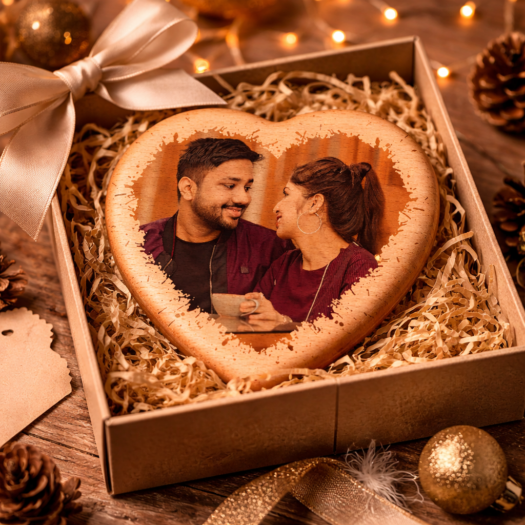 Personalized Heart Shape Wooden Photo Plaque – Custom Romantic Gift for Couples