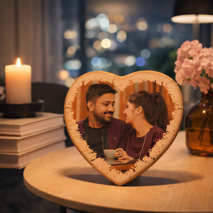 Personalized Heart Shape Wooden Photo Plaque – Custom Romantic Gift for Couples