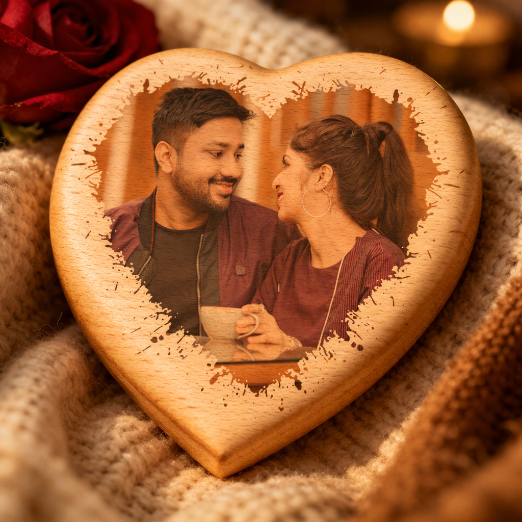 Personalized Heart Shape Wooden Photo Plaque – Custom Romantic Gift for Couples