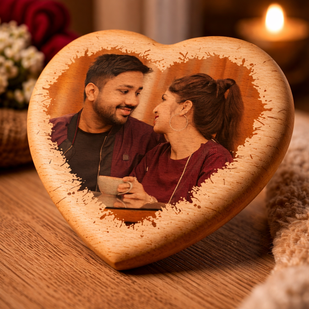 Personalized Heart Shape Wooden Photo Plaque – Custom Romantic Gift for Couples
