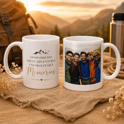 Personalized Adventure Friends Photo Mug – Custom White Mug