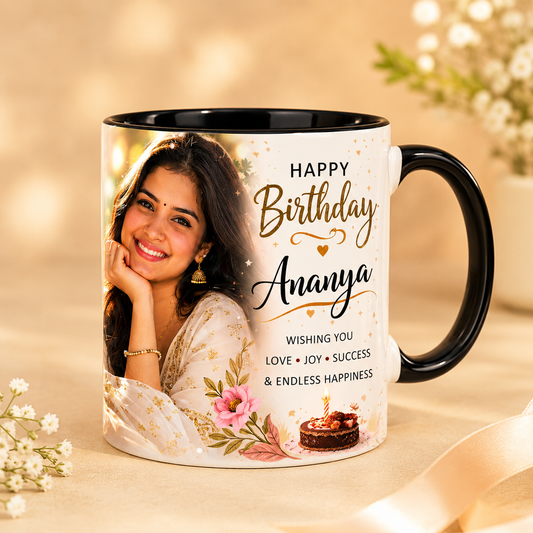 Personalized Birthday Photo Mug – Black Inside Custom Gift