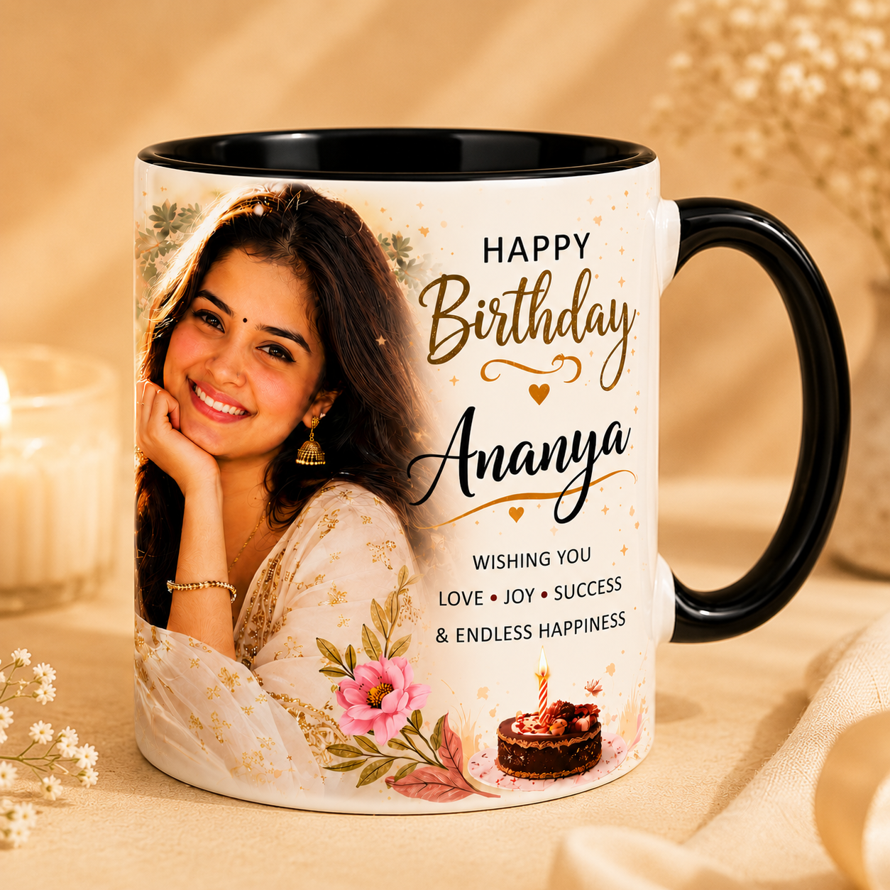 Personalized Birthday Photo Mug – Black Inside Custom Gift