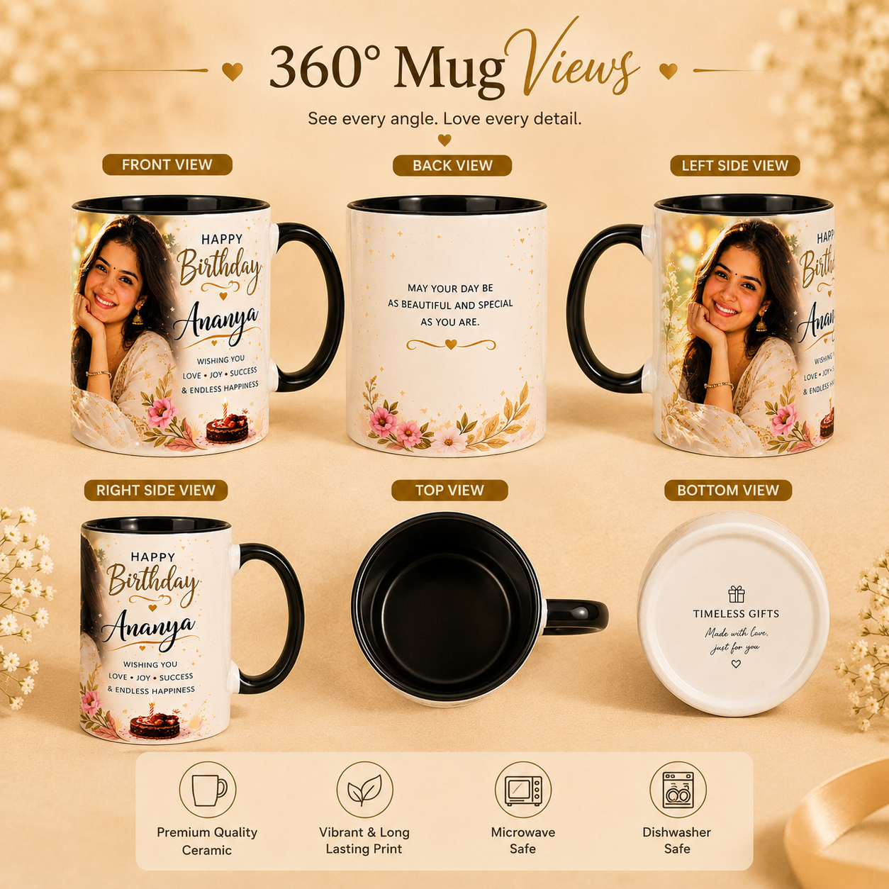 Personalized Birthday Photo Mug – Black Inside Custom Gift
