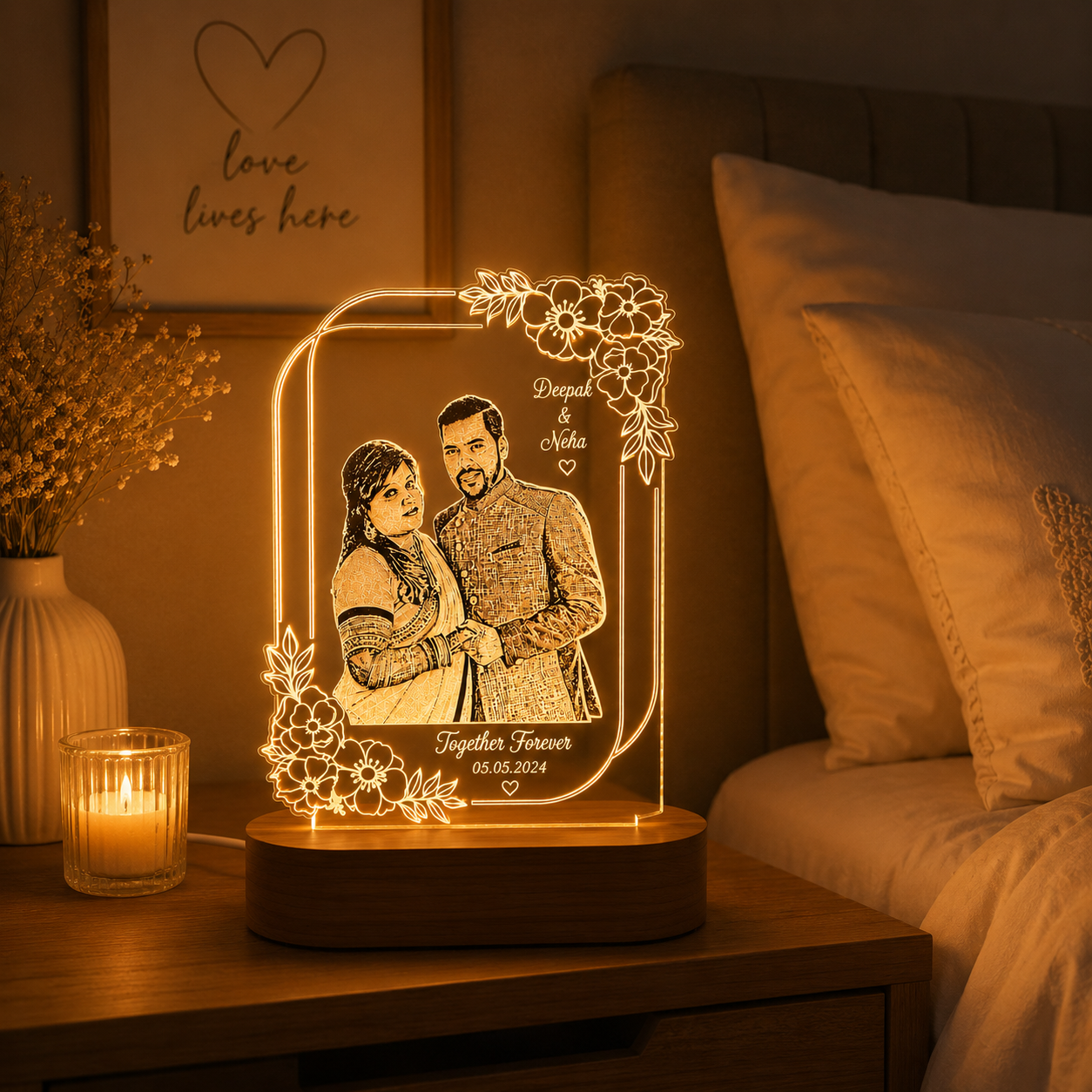 Personalized Couple LED Lamp with Photo & Name – Custom Acrylic Night Lamp Gift