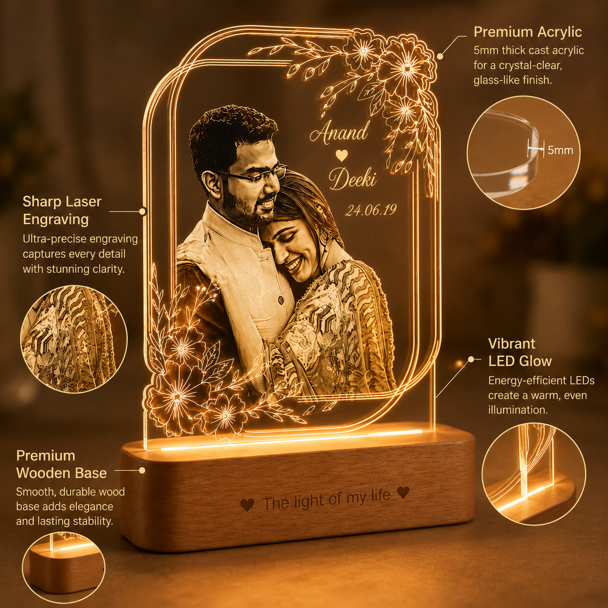 Personalized Couple Photo LED Lamp with Name – Custom Acrylic Romantic Night Lamp
