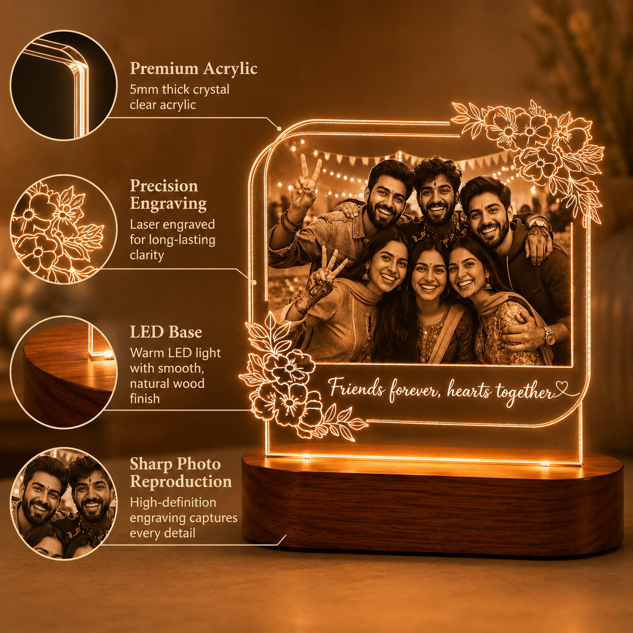 Personalized Friends LED Photo Lamp – Custom Friendship Gift with Photo & Message