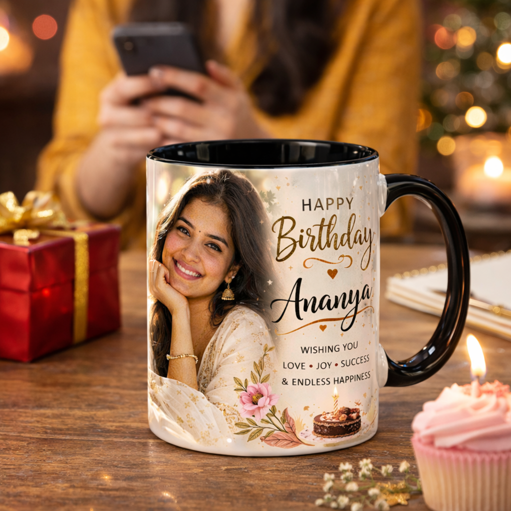 Personalized Birthday Photo Mug with Name – Black Inside
