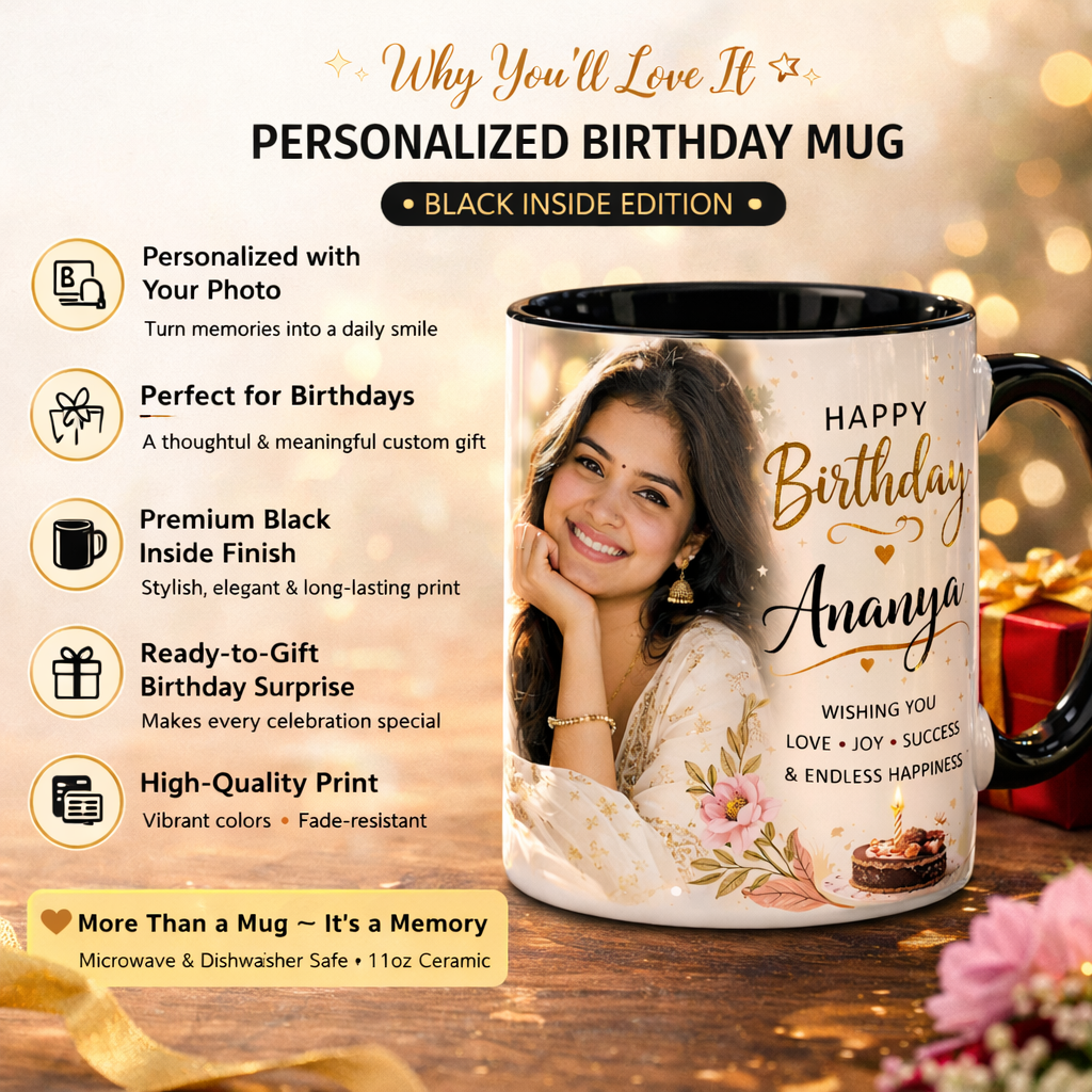 Personalized Birthday Photo Mug with Name – Black Inside